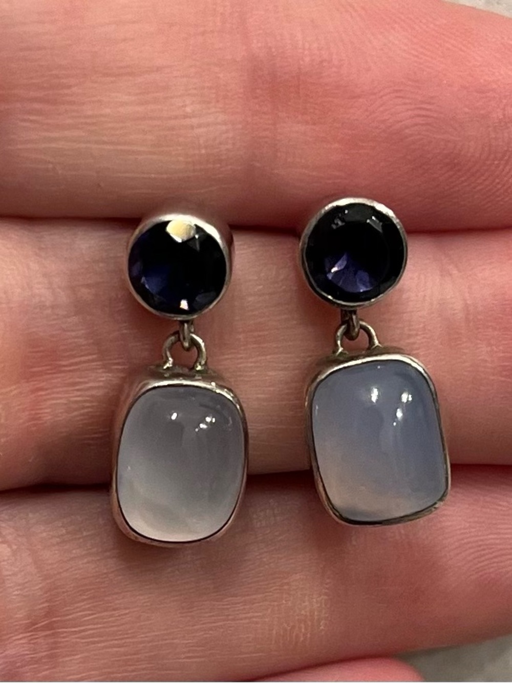Sterling Drop Earrings with Deep Blue and Soft Lavender-Gray Stones